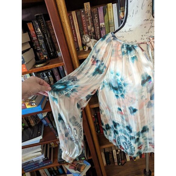 INC silky satin watercolor like poet sleeve blouse sz m euc - Picture 3 of 7